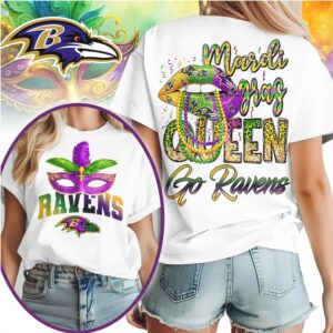 Baltimore Ravens Mardi Gras Queen Festive Football Fan Celebration Graphic T Shirt Baltimore Ravens Mardi Gras Queen Festive Football Fan Celebration Graphic T Shirt