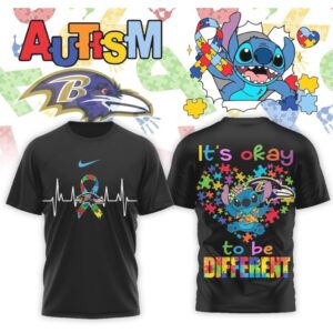 Baltimore Ravens Stitch Autism Awareness Puzzle Ribbon Heartbeat Football Fan Graphic Shirt