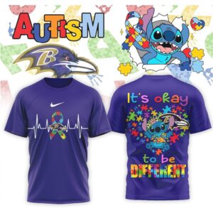 Baltimore Ravens Stitch Autism Awareness Puzzle Ribbon Heartbeat Football Fan Graphic Shirt