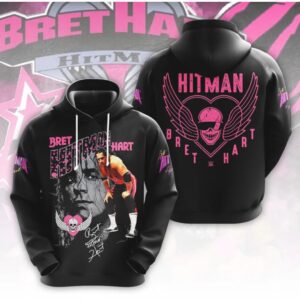 Bret Hitman Hart WWE Legend Pink Heart Graphic Professional Wrestling Fan Hoodie