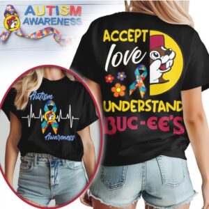 Buc ee's Autism Awareness Accept Love Understand Puzzle Ribbon Heartbeat Tie Dye Graphic Tee