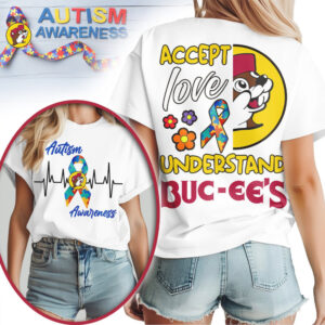 Buc ee's Autism Awareness Accept Love Understand Puzzle Ribbon Heartbeat Tie Dye Graphic Tee