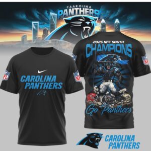 Carolina Panthers 2025 NFC South Champions Go Panthers Victory Mascot Graphic Fan Shirt Carolina Panthers 2025 NFC South Champions Go Panthers Victory Mascot Graphic Fan Shirt