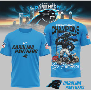 Carolina Panthers 2025 NFC South Champions Go Panthers Victory Mascot Graphic Fan Shirt