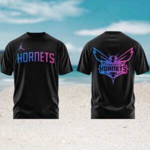 Charlotte Hornets NBA Black T Shirt Pink Blue Gradient Basketball Team Graphic Fan Apparel T Shirt