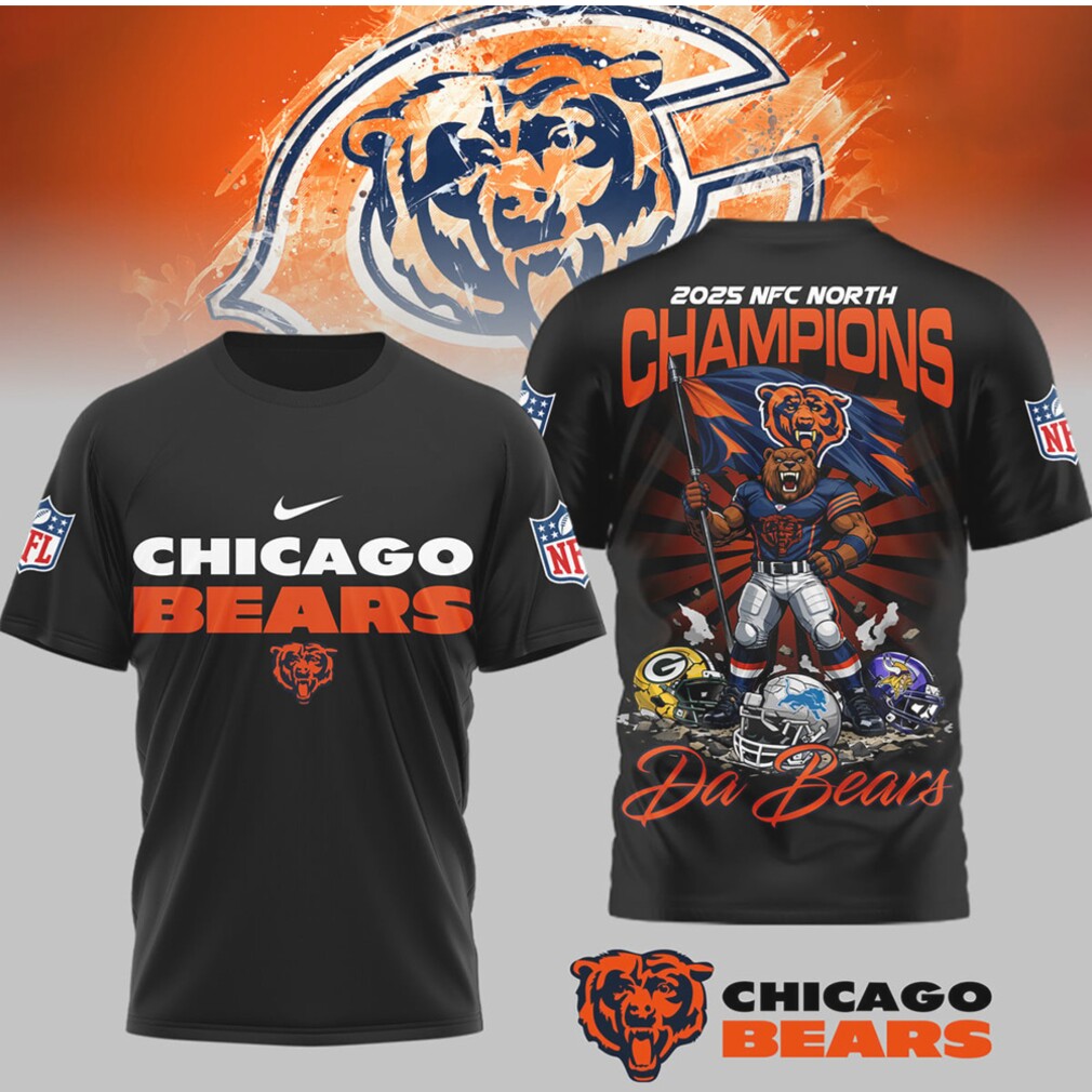 Chicago Bears 2025 NFC North Champions Da Bears Mascot Helmet Mashup Graphic T Shirt Chicago Bears 2025 NFC North Champions Da Bears Mascot Helmet Mashup Graphic T Shirt