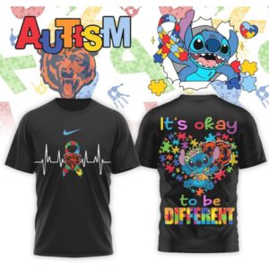 Chicago Bears Stitch Autism Awareness Heartbeat Ribbon Navy Blue Graphic Football Fan Shirt