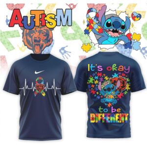 Chicago Bears Stitch Autism Awareness Heartbeat Ribbon Navy Blue Graphic Football Fan Shirt