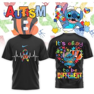 Cincinnati Bengals Stitch Autism Awareness Puzzle Ribbon Heartbeat Graphic Sports Fan Shirt