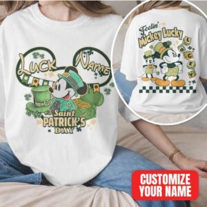 Custom Mickey Lucky Saint Patrick's Day Disney Character Retro Green Clover Name T Shirt
