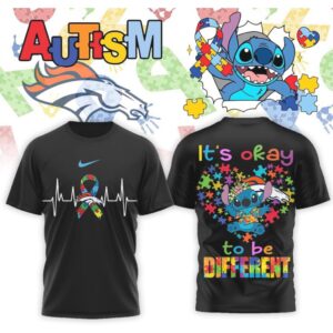 Denver Broncos Stitch Autism Awareness Puzzle Heart Support It's Okay To Be Different Shirt