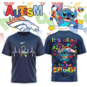 Denver Broncos Stitch Autism Awareness Puzzle Heart Support It's Okay To Be Different Shirt