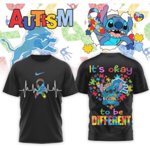 Detroit Lions Stitch Autism Awareness Puzzle Heart Support It's Okay To Be Different Shirt