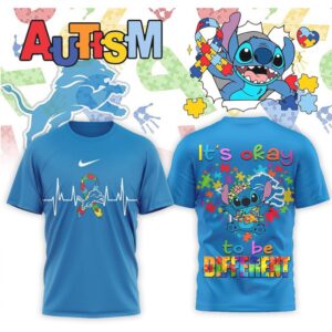 Detroit Lions Stitch Autism Awareness Puzzle Heart Support It's Okay To Be Different Shirt