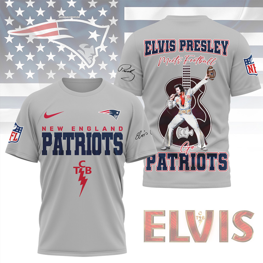 Elvis Presley Meets Football New England Patriots TCB Lighting Bolt Graphic Fan Shirt Elvis Presley Meets Football New England Patriots TCB Lighting Bolt Graphic Fan Shirt