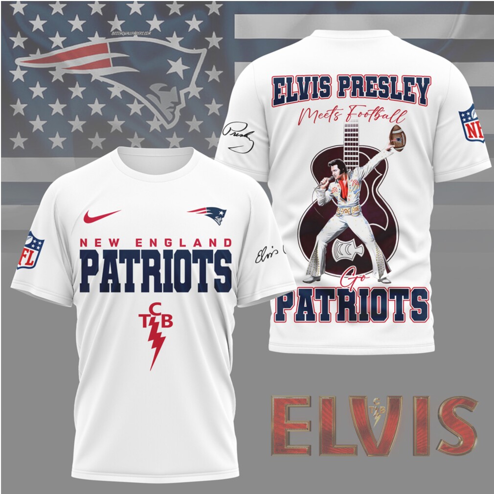 Elvis Presley Meets Football New England Patriots TCB Lighting Bolt Graphic Fan Shirt Elvis Presley Meets Football New England Patriots TCB Lighting Bolt Graphic Fan Shirt