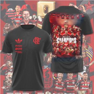 Flamengo Champions Soccer Club Victory Celebration Red and Black Team T Shirt