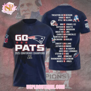 Go Pats 2025 Conference Champions New England Patriots Navy Roster Name Graphic Tee Go Pats 2025 Conference Champions New England Patriots Navy Roster Name Graphic Tee