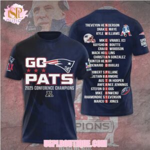 Go Pats 2025 Conference Champions New England Patriots Navy Roster Name Graphic Tee