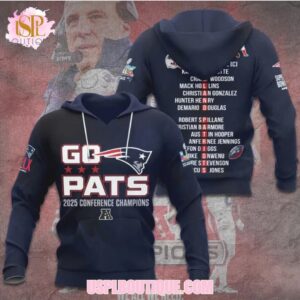 Go Pats 2025 Conference Champions New England Patriots Navy Roster Name Graphic Tee