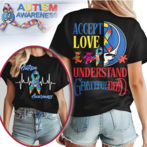 Grateful Dead Autism Awareness Accept Love Understand Rainbow Tie Dye Puzzle Graphic Shirt