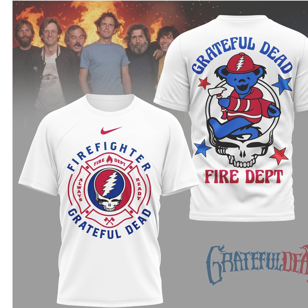 Grateful Dead Fire Dept. Steal Your Face & Dancing Bear White Performance T Shirt Grateful Dead Fire Dept. Steal Your Face & Dancing Bear White Performance T Shirt