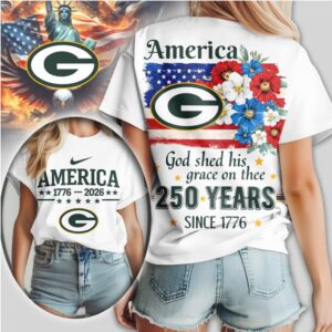 Green Bay Packers America 250 Years 1776 2026 Patriotic Floral Football Fan Shirt