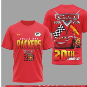 Green Bay Packers Disney Cars 20th Anniversary Red Graphic Lightning McQueen T Shirt