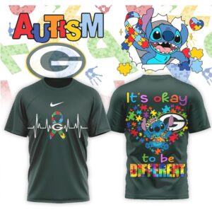 Green Bay Packers Stitch Autism Awareness Puzzle Ribbon Heartbeat Sports Fan Shirt