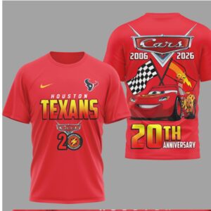 Houston Texans Disney Cars Lightning McQueen 20th Anniversary Red Graphic Fan T Shirt Houston Texans Disney Cars Lightning McQueen 20th Anniversary Red Graphic Fan T Shirt