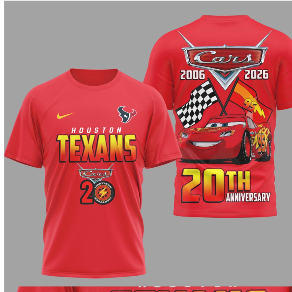 Houston Texans Disney Cars Lightning McQueen 20th Anniversary Red Graphic Racing T Shirt Houston Texans Disney Cars Lightning McQueen 20th Anniversary Red Graphic Racing T Shirt