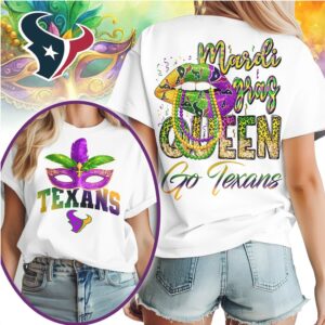 Houston Texans Mardi Gras Queen Festive Football Fan Celebration Graphic T Shirt Houston Texans Mardi Gras Queen Festive Football Fan Celebration Graphic T Shirt