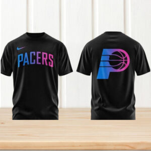 Indiana Pacers NBA Black Graphic Tee Pink Blue Gradient Basketball Team Logo Fan Shirt Indiana Pacers NBA Black Graphic Tee Pink Blue Gradient Basketball Team Logo Fan Shirt
