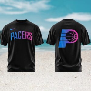 Indiana Pacers NBA Black Graphic Tee Pink Blue Gradient Basketball Team Logo Fan Shirt
