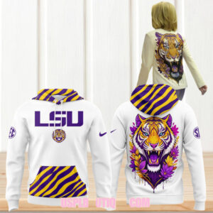 LSU Tigers NCAA Women’s Basketball White Graphic Hoodie Featuring Vibrant Purple Tiger Art LSU Tigers NCAA Women’s Basketball White Graphic Hoodie Featuring Vibrant Purple Tiger Art