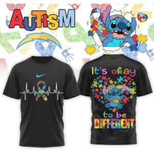 Los Angeles Chargers Stitch Autism Awareness It's Okay To Be Different Powder Shirt