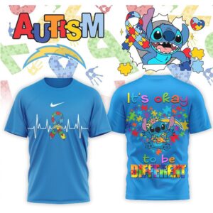 Los Angeles Chargers Stitch Autism Awareness It's Okay To Be Different Powder Shirt