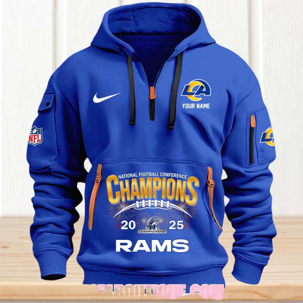 Los Angeles Rams NFC Champions 2025 Custom Name Blue Quarter Zip Performance Tactical Hoodie Los Angeles Rams NFC Champions 2025 Custom Name Blue Quarter Zip Performance Tactical Hoodie