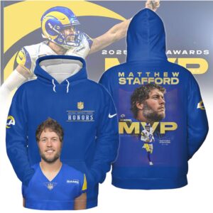 Matthew Stafford Los Angeles Rams MVP 2025 PFWA Awards Royal Blue Football T Shirt Matthew Stafford Los Angeles Rams MVP 2025 PFWA Awards Royal Blue Football T Shirt