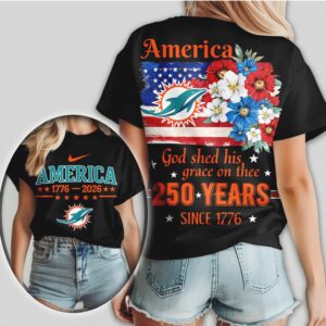 Miami Dolphins America 250 Years 1776 2026 Patriotic Floral Football Fan Shirt