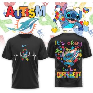 Miami Dolphins Stitch Autism Awareness Heartbeat Ribbon Teal Blue Graphic Football Fan Shirt