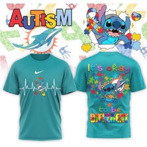 Miami Dolphins Stitch Autism Awareness Heartbeat Ribbon Teal Blue Graphic Football Fan Shirt