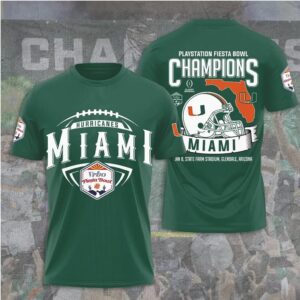 Miami Hurricanes NCAA Football Fiesta Bowl Champions Green Team Victory Graphic T Shirt