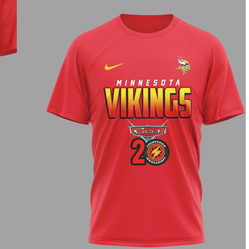 Minnesota Vikings Disney Cars 20th Anniversary Red Racing Graphic Lightning McQueen T Shirt Minnesota Vikings Disney Cars 20th Anniversary Red Racing Graphic Lightning McQueen T Shirt