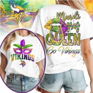 Minnesota Vikings Mardi Gras Queen Festive Football Fan Celebration Graphic T Shirt Minnesota Vikings Mardi Gras Queen Festive Football Fan Celebration Graphic T Shirt