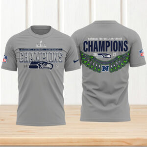 National Football Conference Champions Seattle Seahawks Grey Graphic Tee 2025 NFC Winner T Shirt
