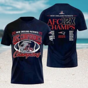 New England Patriots 12X AFC Conference Champions History Dates Navy Commemorative T Shirt