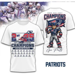 New England Patriots 2025 AFC East Champions Division History Helmet Graphic Football Shirt