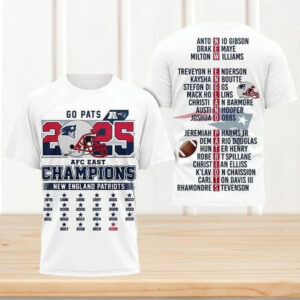 New England Patriots 2025 AFC East Champions Roster Names White Graphic T Shirt New England Patriots 2025 AFC East Champions Roster Names White Graphic T Shirt