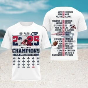 New England Patriots 2025 AFC East Champions Roster Names White Graphic T Shirt